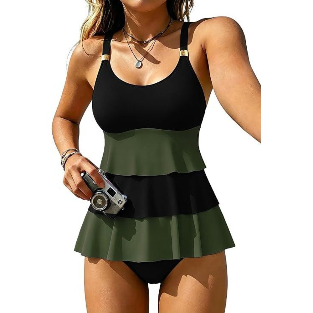 MSRP $34 XUNYU Women's XL Green/Black Two Piece Tankini Swimsuits Tummy